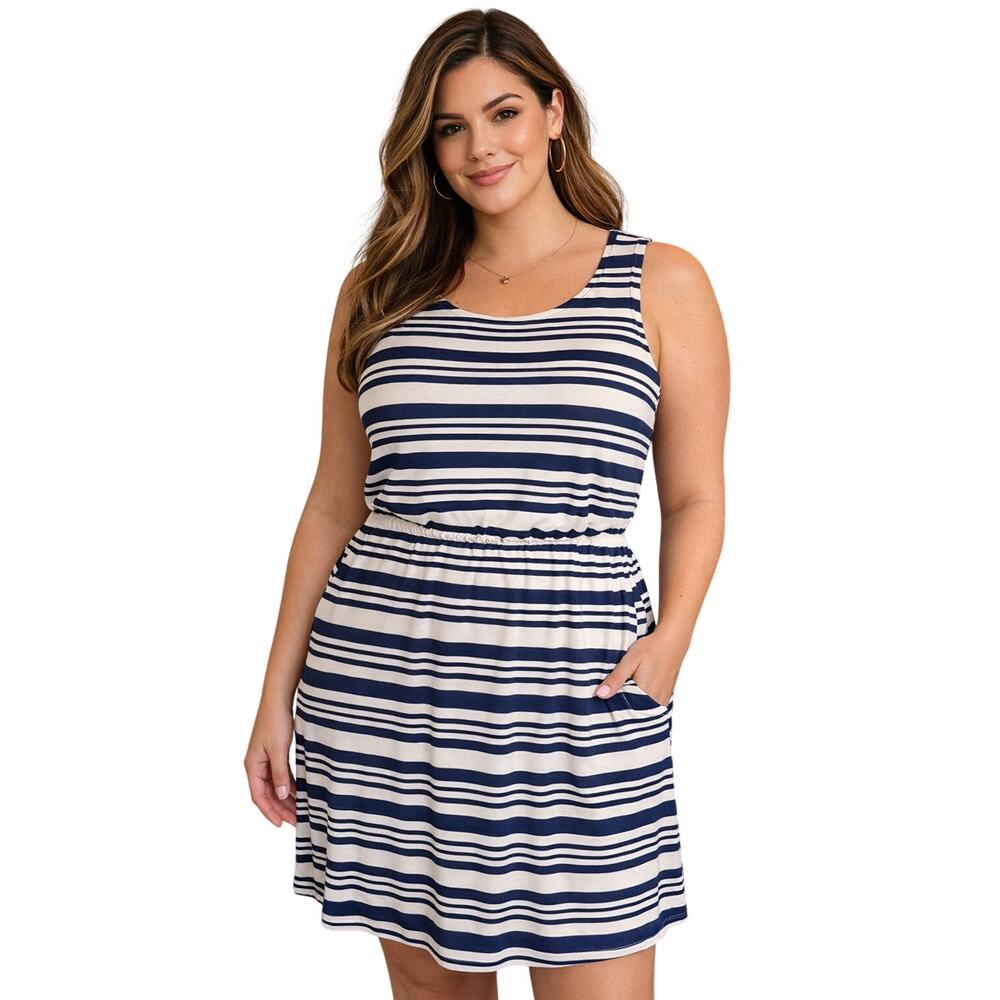 French Grey Navy & Ivory Striped Sleeveless Midi Dress Size L